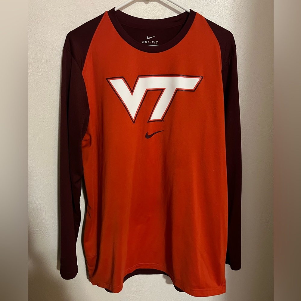 NIKE Virginia Tech Hokies Dri-Fit Long Sleeve Performance T Shirt‎ Maroon Orange